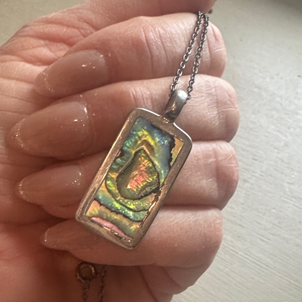 Abalone Shell Rectangular Pendant Necklace - Irid… - image 3